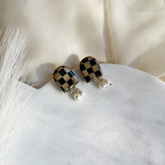Checkered Boho Pearl Studs